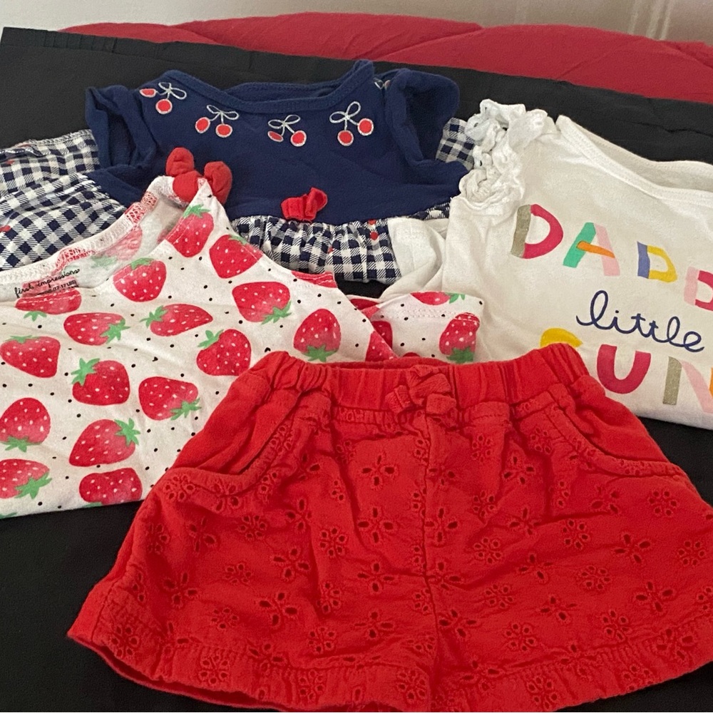 BERRY SWEET LOT! 4 PIECE BABY GIRL 3-6M OUTFIT- 3 TOPS & 1 SHORTS! From MACY’S